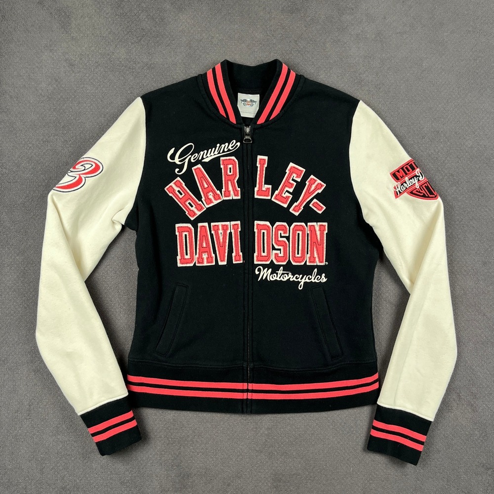 Harley Davidson Varsity Jacket Womens Medium Black Cream Pink Embroidered Zip Up